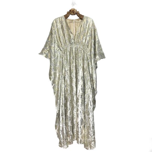 Melissa Odabash Kaftan Dress Maxi Look 5 Gold Shimmer Empire V Neck One Size - Picture 1 of 12